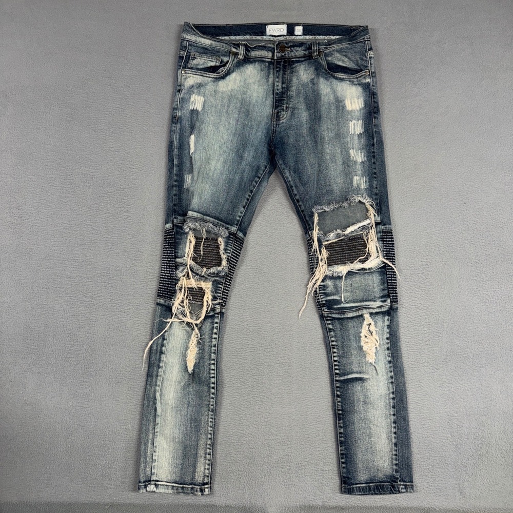 FWRD Denim Jeans Mens 36x34 (Fits 36x32) Blue Straight Distressed Biker Moto